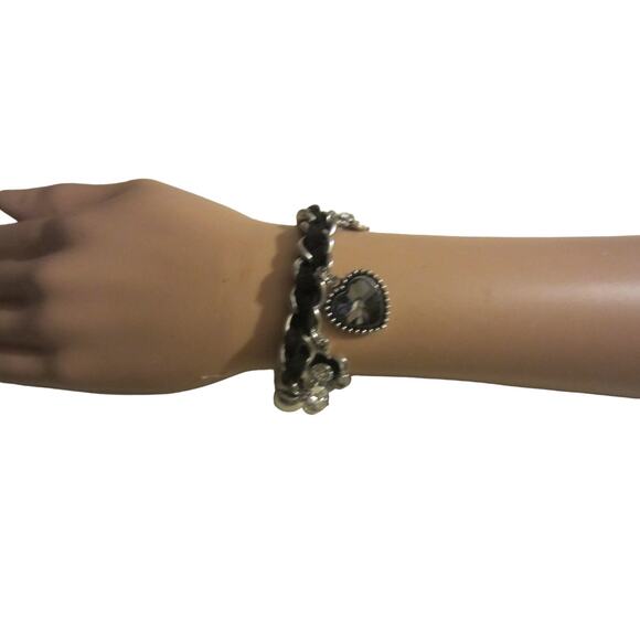 Silver Beaded Charm Bracelet w/ Crystal Heart & Flower Dangles - Picture 2 of 8